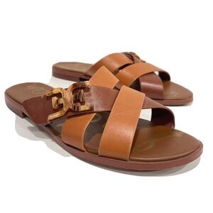 Sam Edelman Ezra Slide Sandals Brown Leather Tortoise Buckle Logo Women's